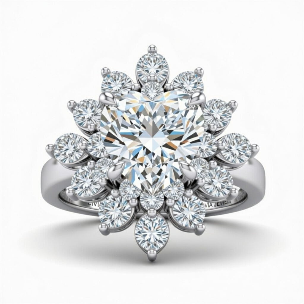 Silver Heart Cut Cluster Halo Engagement Ring With Floral Diamond Frame