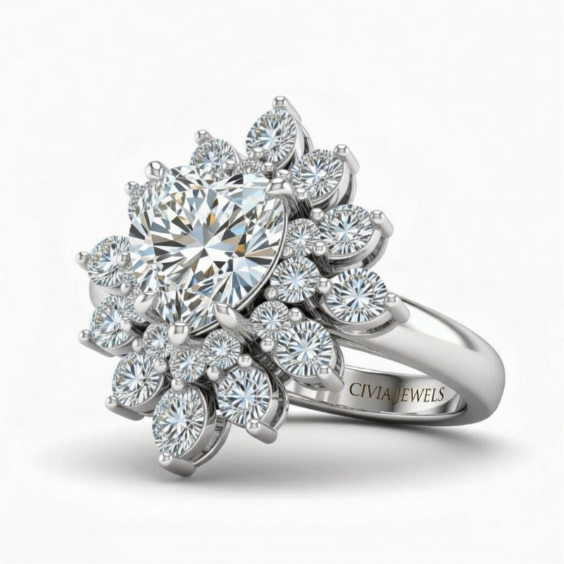 Silver Heart Cut Cluster Halo Engagement Ring With Floral Diamond Frame