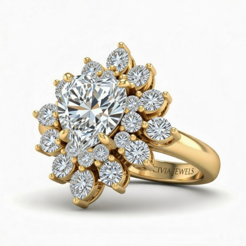 Yellow Gold Heart Cut Cluster Halo Engagement Ring With Floral Diamond Frame