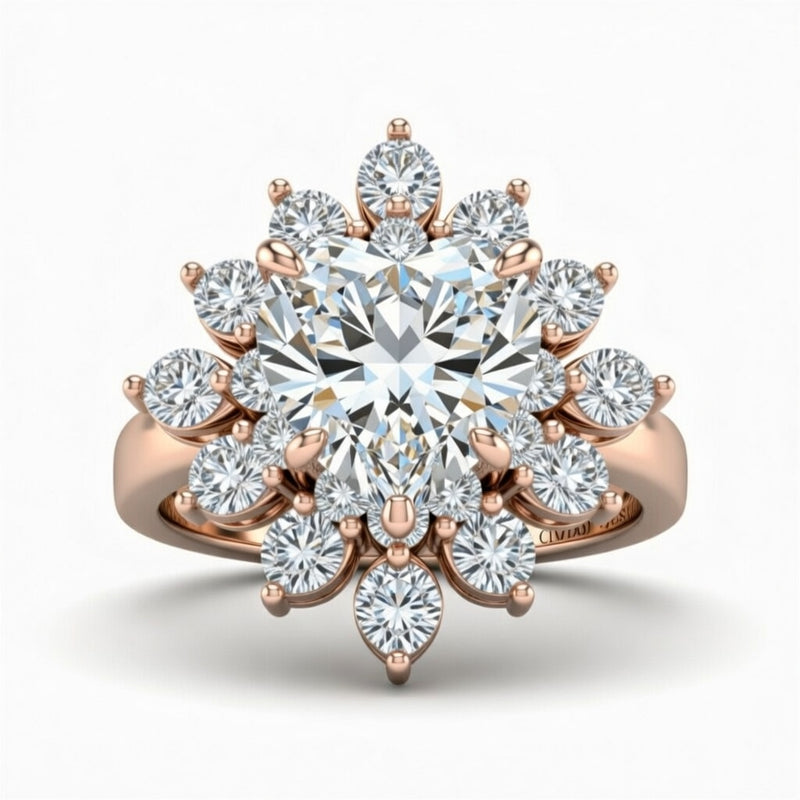 Rose Gold Heart Cut Cluster Halo Engagement Ring With Floral Diamond Frame