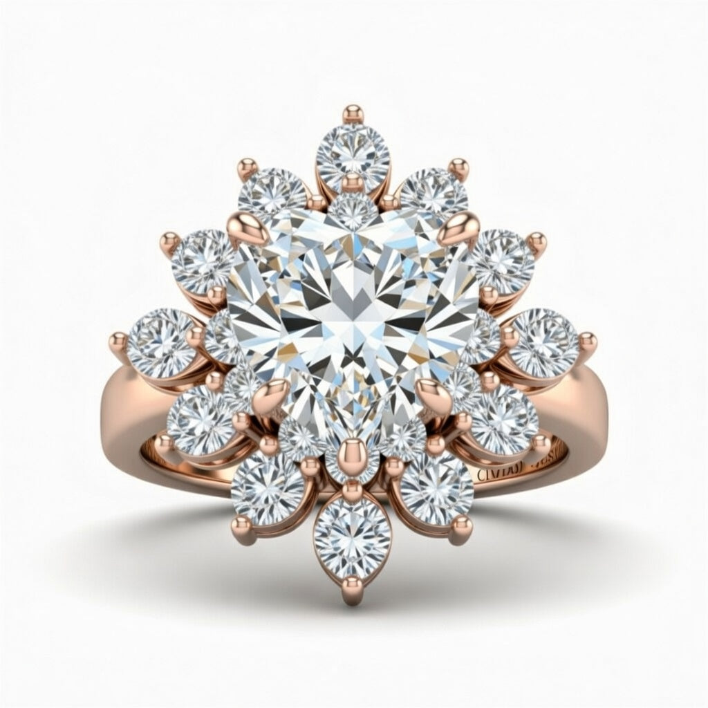 Rose Gold Heart Cut Cluster Halo Engagement Ring With Floral Diamond Frame