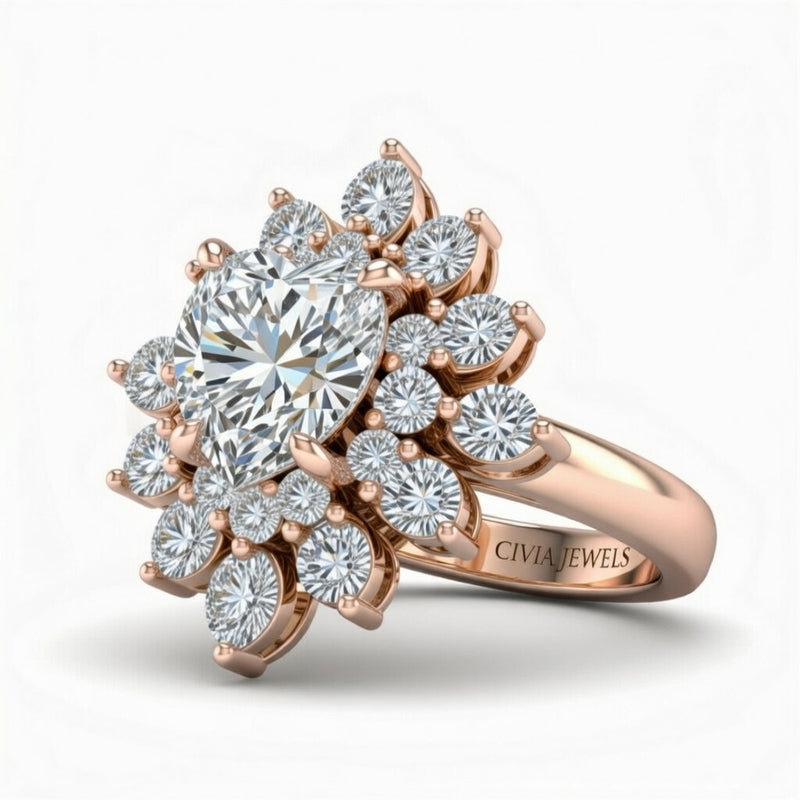 Rose Gold Heart Cut Cluster Halo Engagement Ring With Floral Diamond Frame