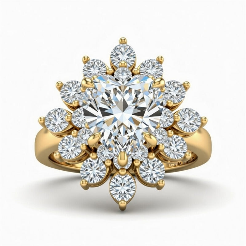 Yellow Gold Heart Cut Cluster Halo Engagement Ring With Floral Diamond Frame