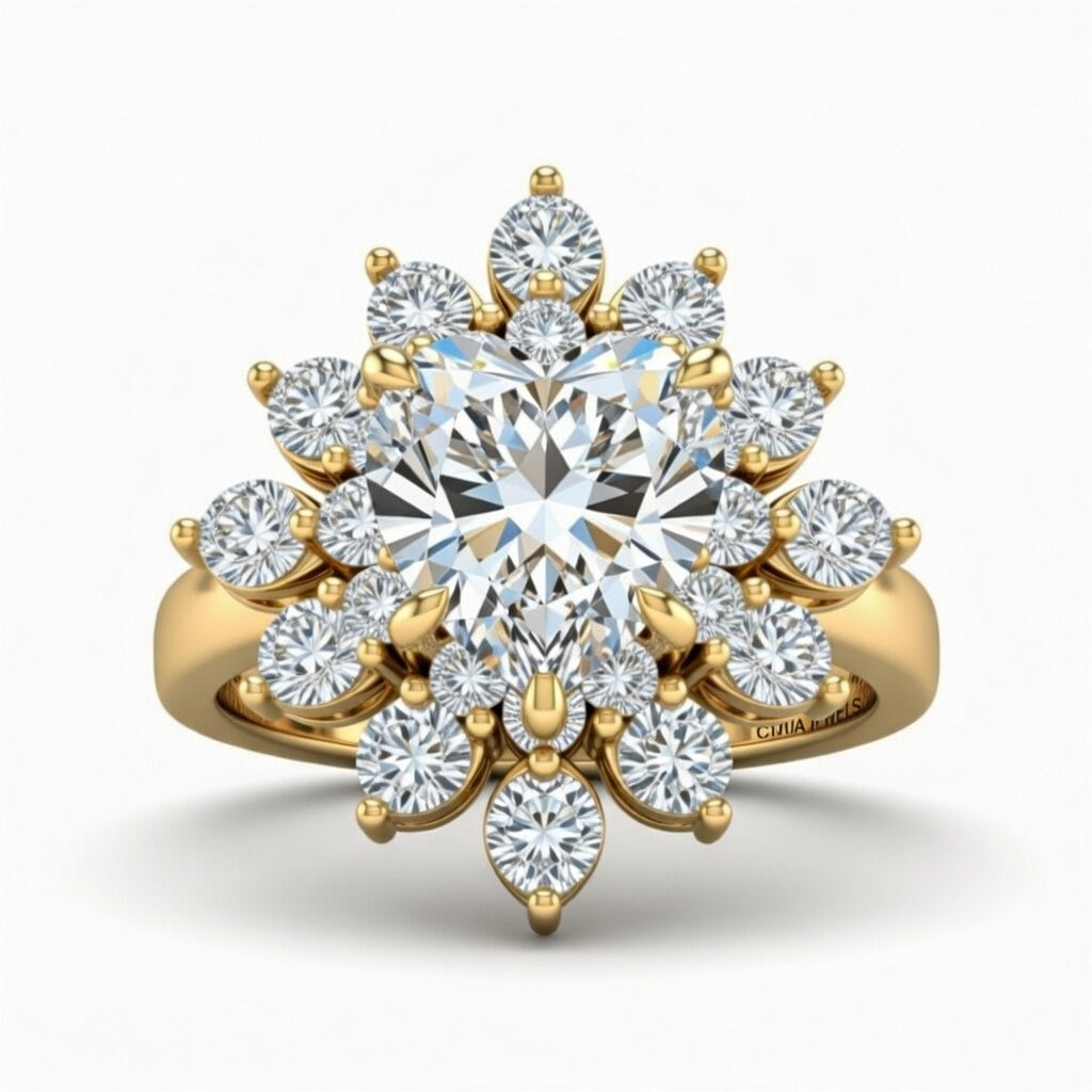 Yellow Gold Heart Cut Cluster Halo Engagement Ring With Floral Diamond Frame