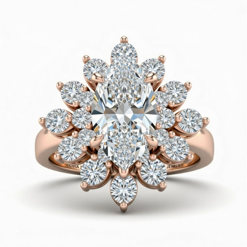 Rose Gold Marquise Cut Cluster Halo Engagement Ring With Floral Diamond Frame