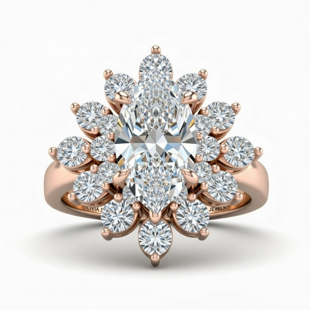 Rose Gold Marquise Cut Cluster Halo Engagement Ring With Floral Diamond Frame
