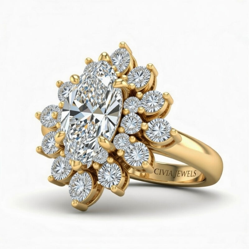 Yellow Gold Marquise Cut Cluster Halo Engagement Ring With Floral Diamond Frame