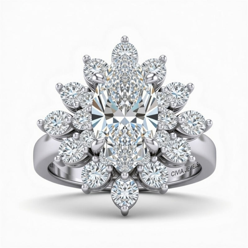 Silver Marquise Cut Cluster Halo Engagement Ring With Floral Diamond Frame