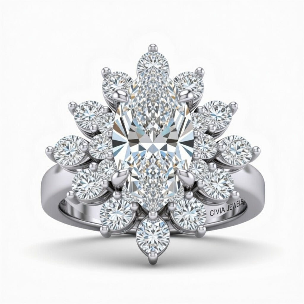 Silver Marquise Cut Cluster Halo Engagement Ring With Floral Diamond Frame