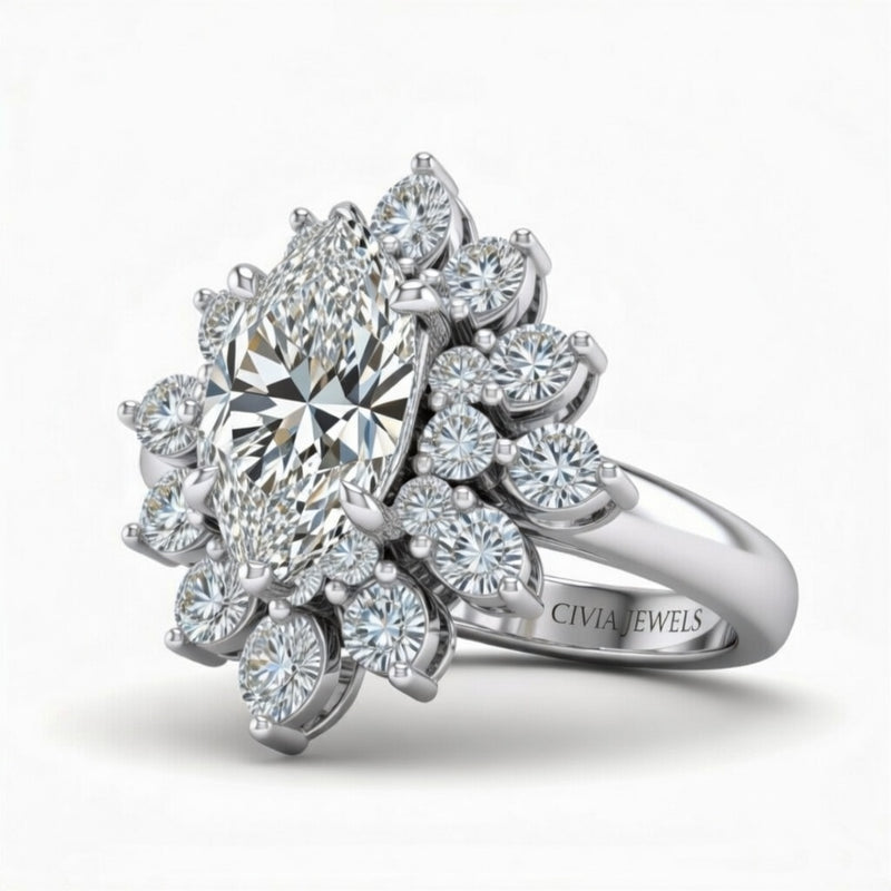 Silver Marquise Cut Cluster Halo Engagement Ring With Floral Diamond Frame