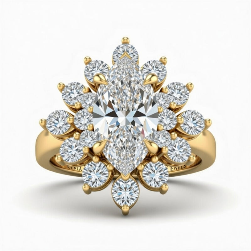 Yellow Gold Marquise Cut Cluster Halo Engagement Ring With Floral Diamond Frame