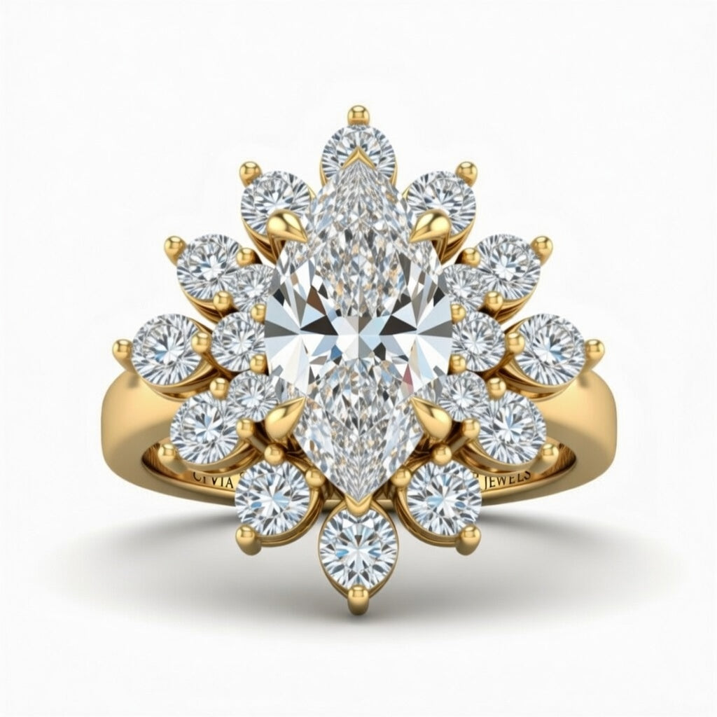 Yellow Gold Marquise Cut Cluster Halo Engagement Ring With Floral Diamond Frame