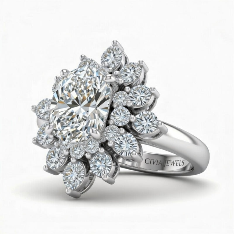 Silver Oval Cut Cluster Halo Engagement Ring With Floral Diamond Frame