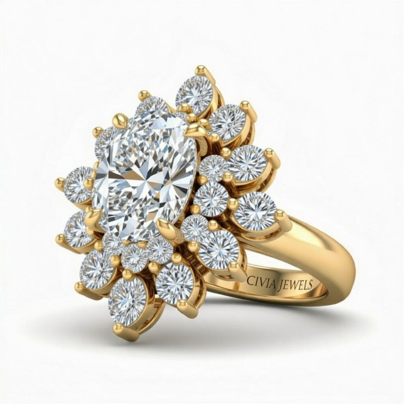 Yellow Gold Oval Cut Cluster Halo Engagement Ring With Floral Diamond Frame