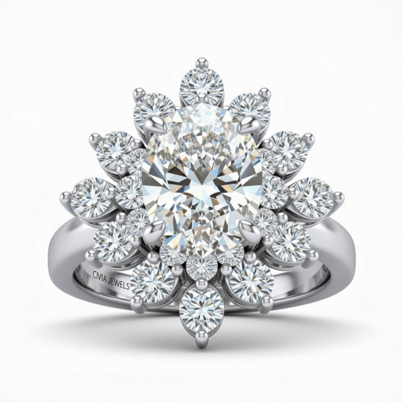 White Gold Oval Cut Cluster Halo Engagement Ring With Floral Diamond Frame