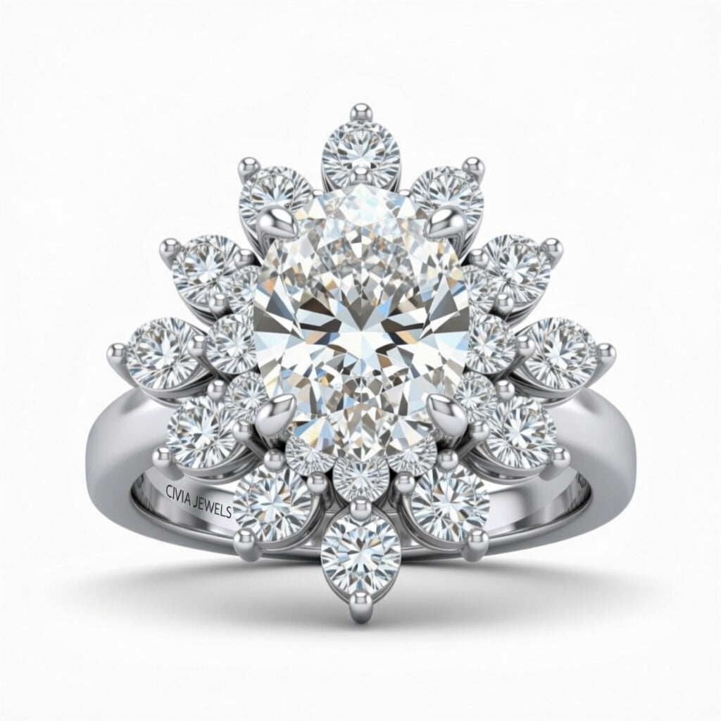 Silver Oval Cut Cluster Halo Engagement Ring With Floral Diamond Frame