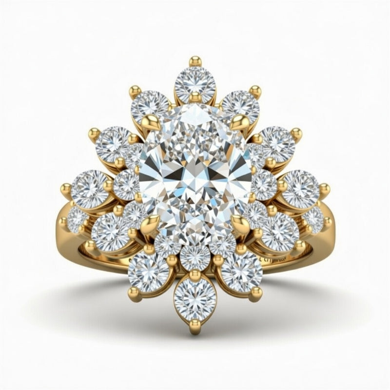 Yellow Gold Oval Cut Cluster Halo Engagement Ring With Floral Diamond Frame