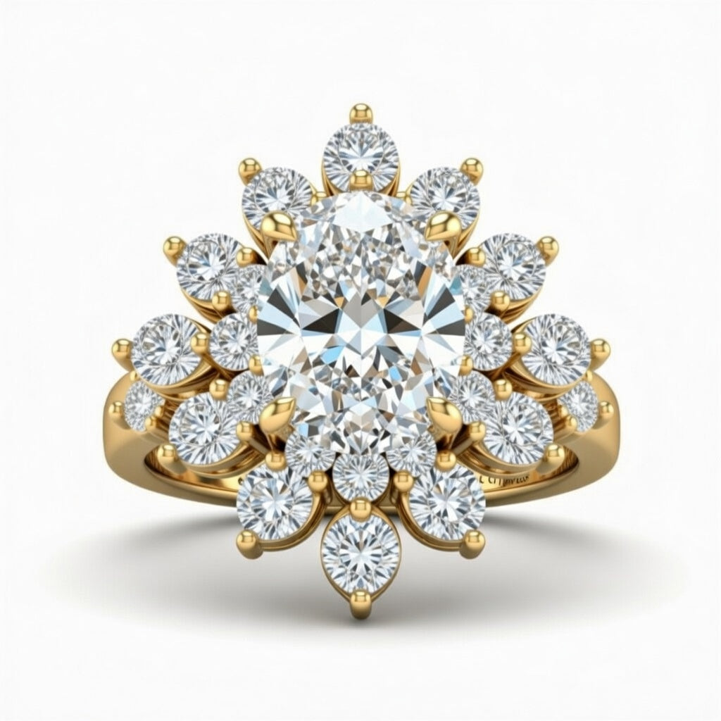 Yellow Gold Oval Cut Cluster Halo Engagement Ring With Floral Diamond Frame