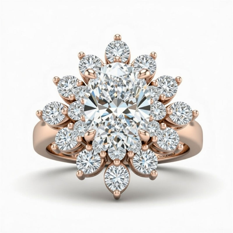 Rose Gold Oval Cut Cluster Halo Engagement Ring With Floral Diamond Frame