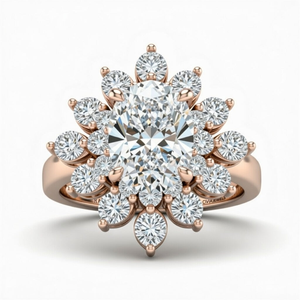Rose Gold Oval Cut Cluster Halo Engagement Ring With Floral Diamond Frame
