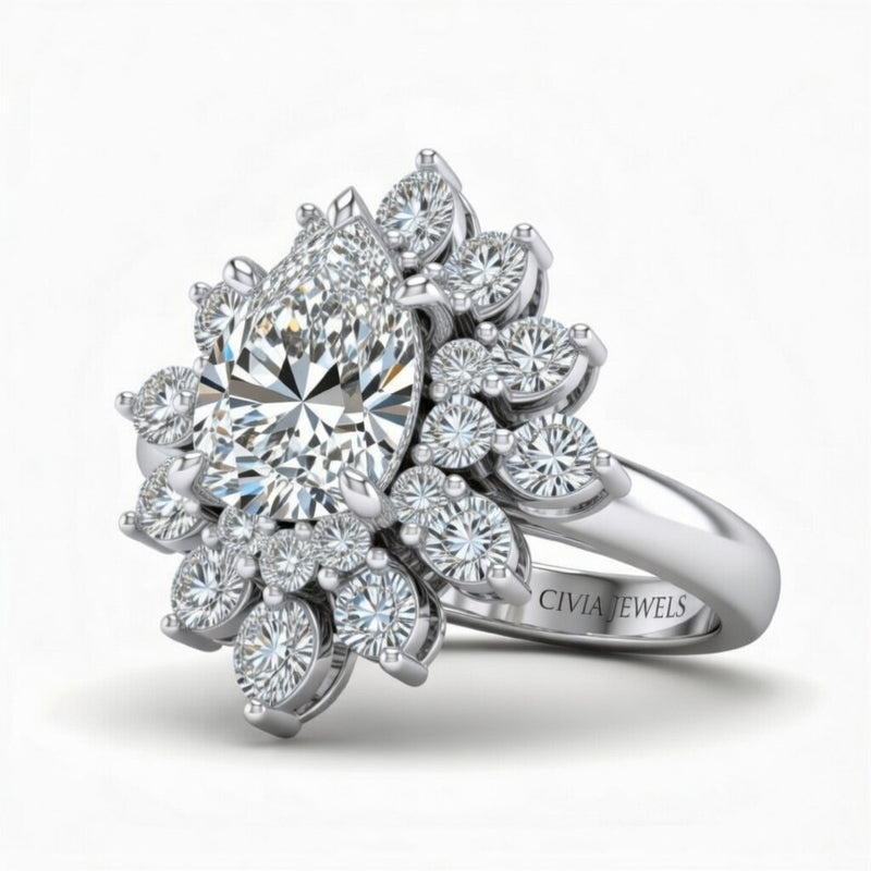 White Gold Pear Cut Cluster Halo Engagement Ring With Floral Diamond Frame
