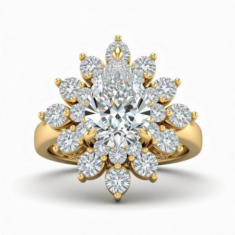 Yellow Gold Pear Cut Cluster Halo Engagement Ring With Floral Diamond Frame