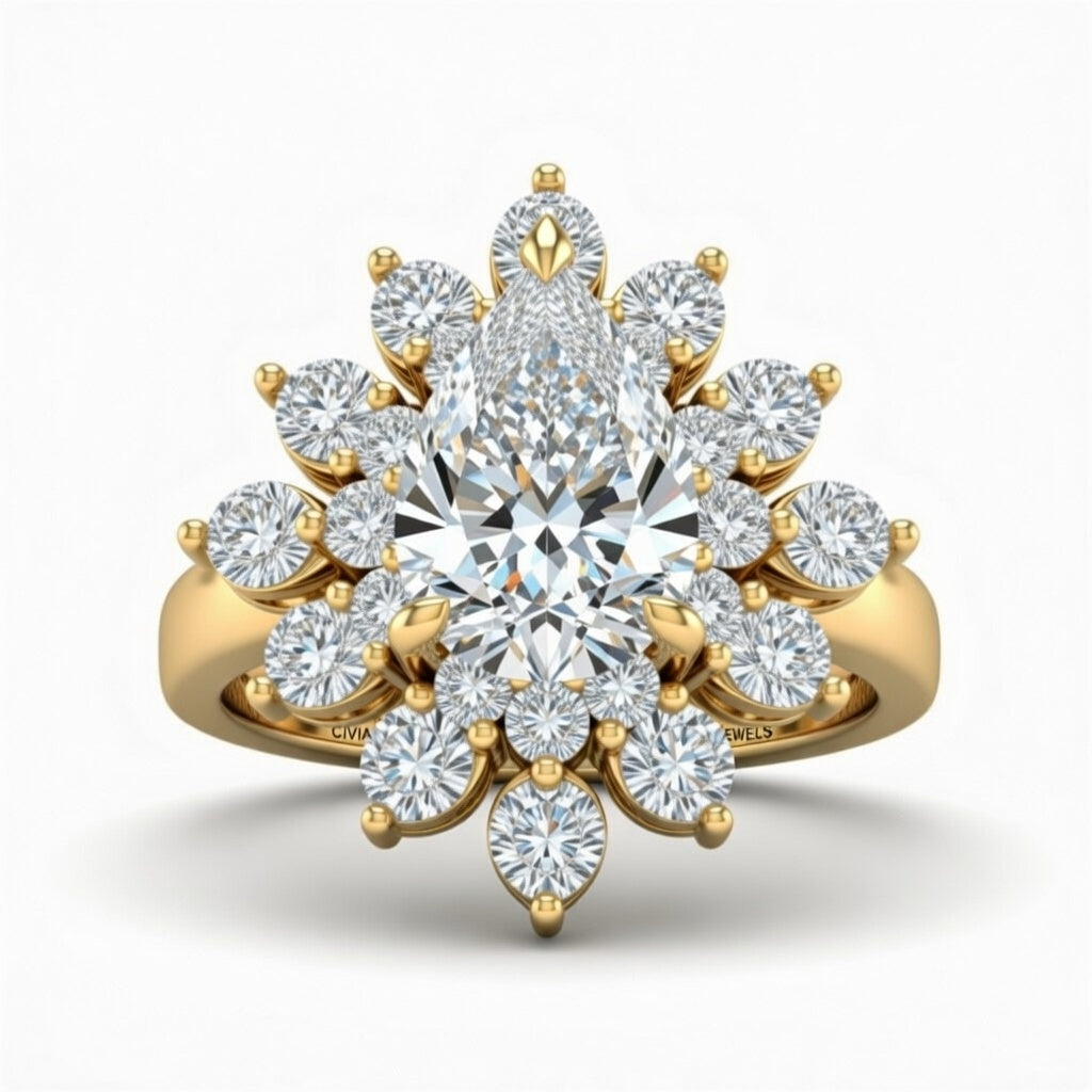 Yellow Gold Pear Cut Cluster Halo Engagement Ring With Floral Diamond Frame