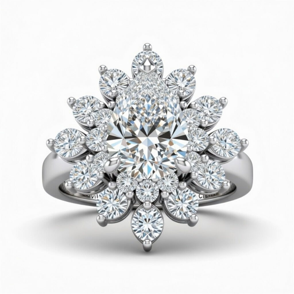 White Gold Pear Cut Cluster Halo Engagement Ring With Floral Diamond Frame