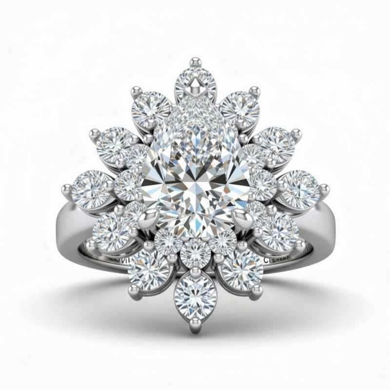 Silver Pear Cut Cluster Halo Engagement Ring With Floral Diamond Frame