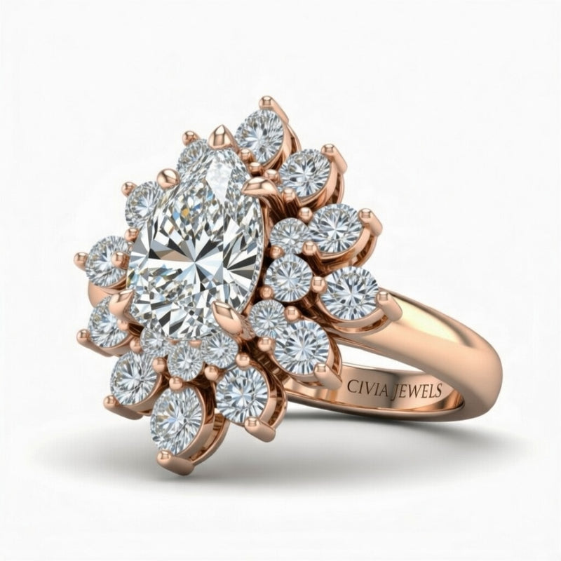 Rose Gold Pear Cut Cluster Halo Engagement Ring With Floral Diamond Frame