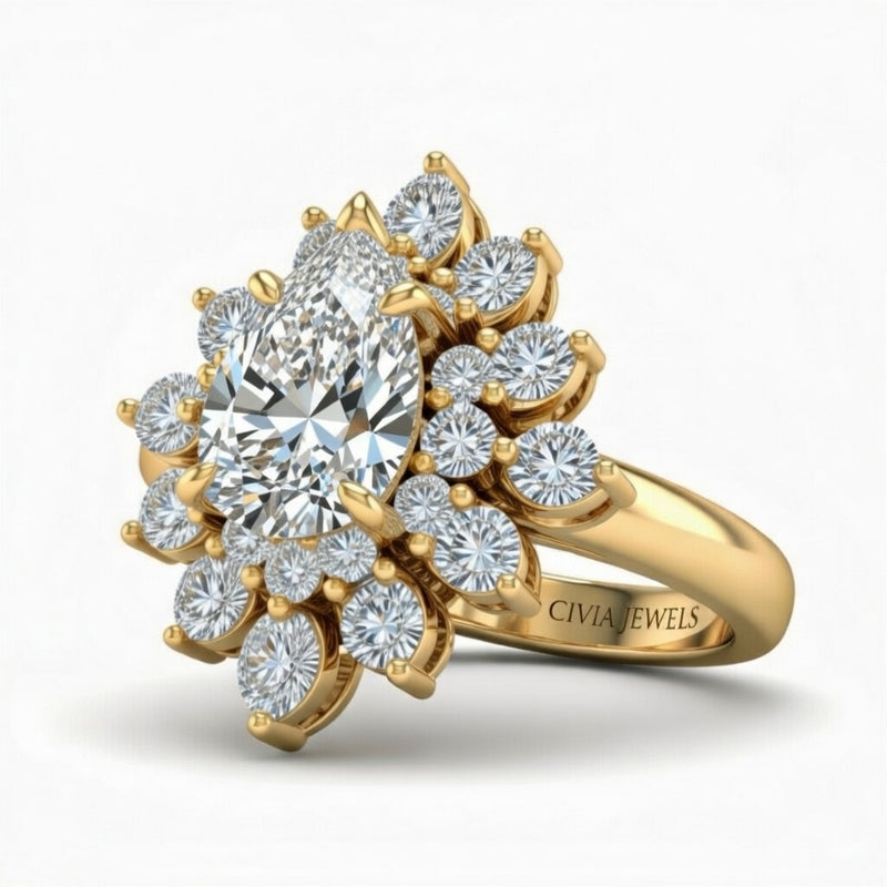 Yellow Gold Pear Cut Cluster Halo Engagement Ring With Floral Diamond Frame