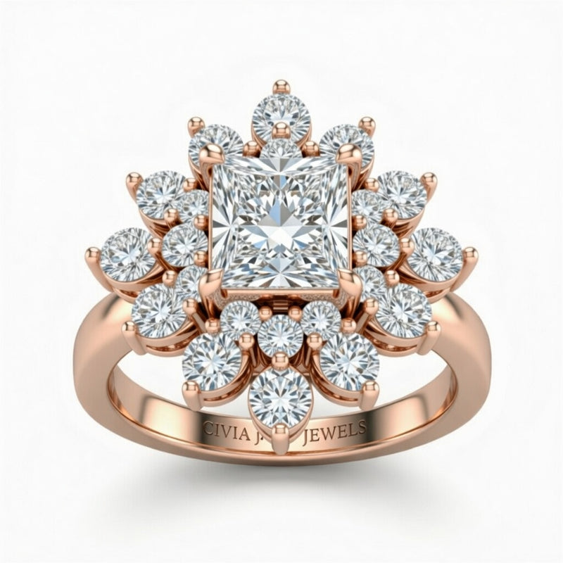 Rose Gold Princess Cut Cluster Halo Engagement Ring With Floral Diamond Frame