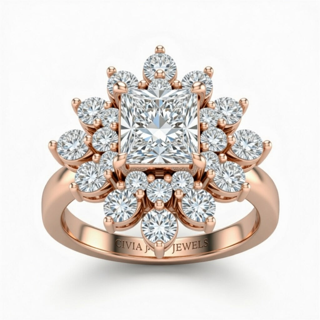 Rose Gold Princess Cut Cluster Halo Engagement Ring With Floral Diamond Frame