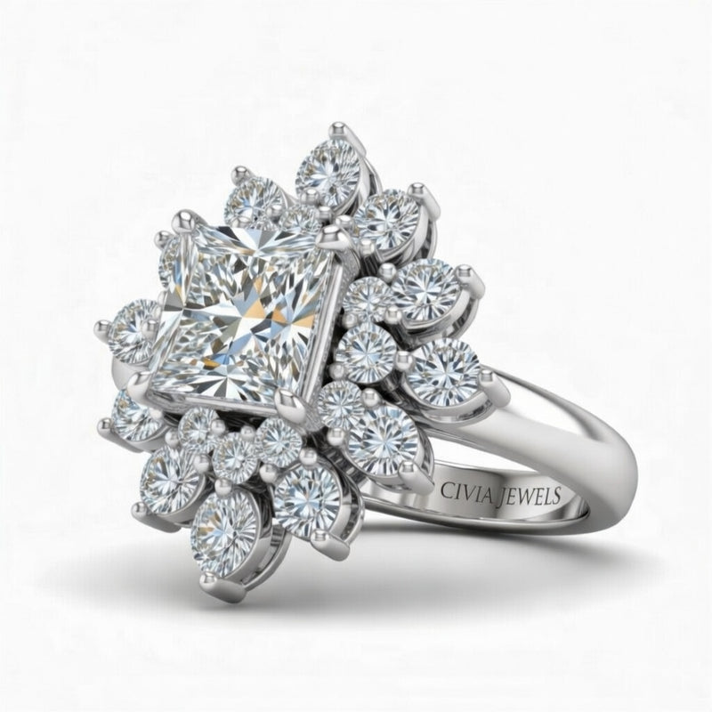 Silver Princess Cut Cluster Halo Engagement Ring With Floral Diamond Frame