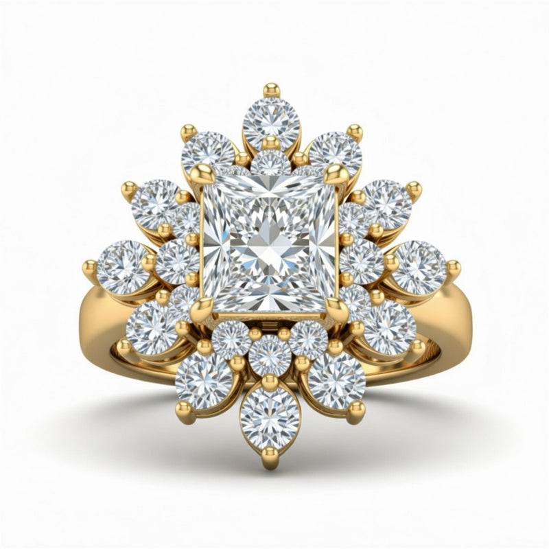Yellow Gold Princess Cut Cluster Halo Engagement Ring With Floral Diamond Frame