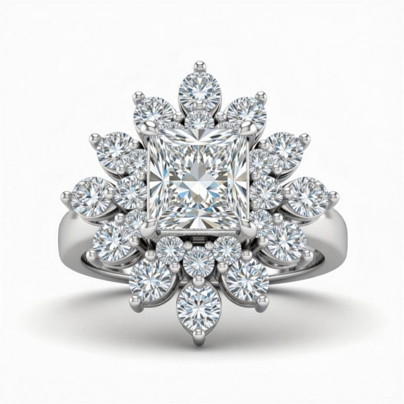 Silver Princess Cut Cluster Halo Engagement Ring With Floral Diamond Frame