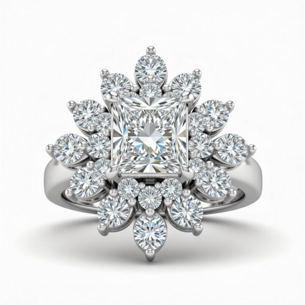 Silver Princess Cut Cluster Halo Engagement Ring With Floral Diamond Frame