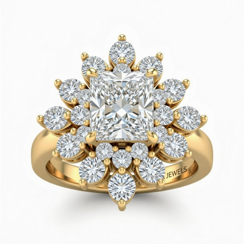 Yellow Gold Radiant Cut Cluster Halo Engagement Ring With Floral Diamond Frame