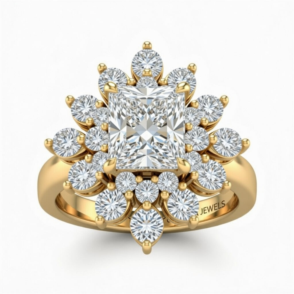 Yellow Gold Radiant Cut Cluster Halo Engagement Ring With Floral Diamond Frame