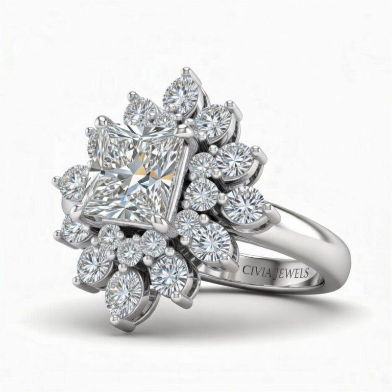 Silver Radiant Cut Cluster Halo Engagement Ring With Floral Diamond Frame