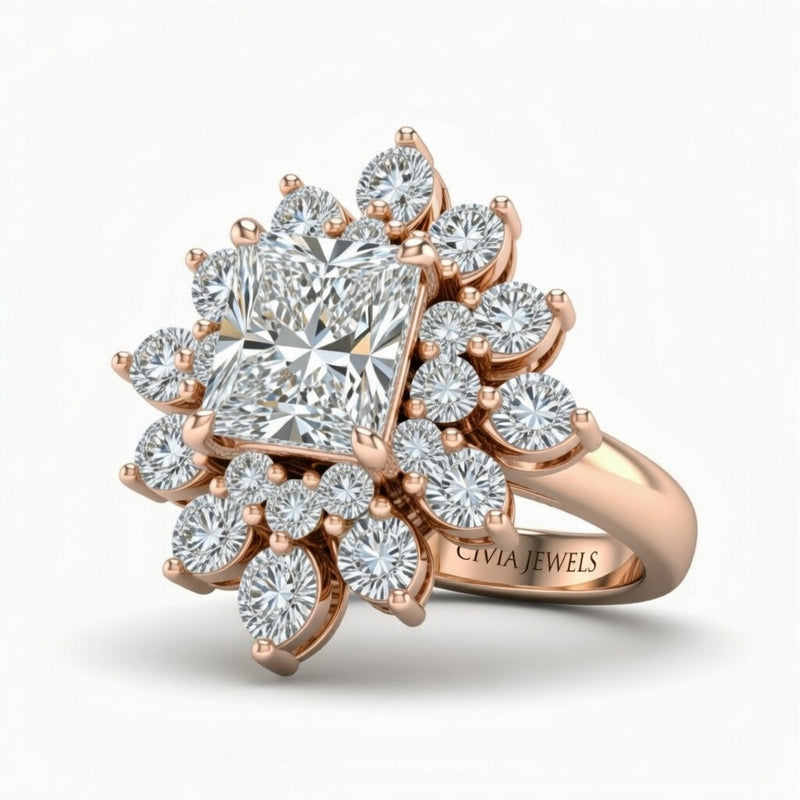 Rose Gold Radiant Cut Cluster Halo Engagement Ring With Floral Diamond Frame