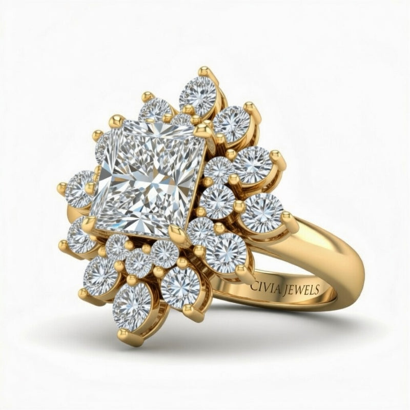Yellow Gold Radiant Cut Cluster Halo Engagement Ring With Floral Diamond Frame