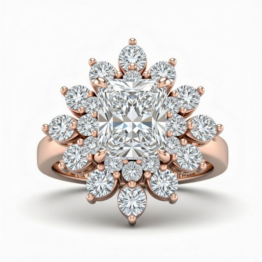 Rose Gold Radiant Cut Cluster Halo Engagement Ring With Floral Diamond Frame