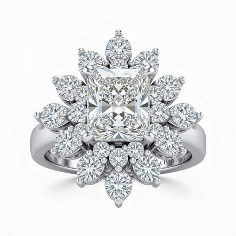 White Gold Radiant Cut Cluster Halo Engagement Ring With Floral Diamond Frame