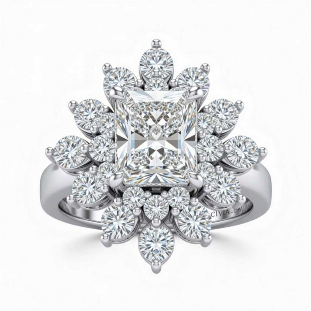 Silver Radiant Cut Cluster Halo Engagement Ring With Floral Diamond Frame