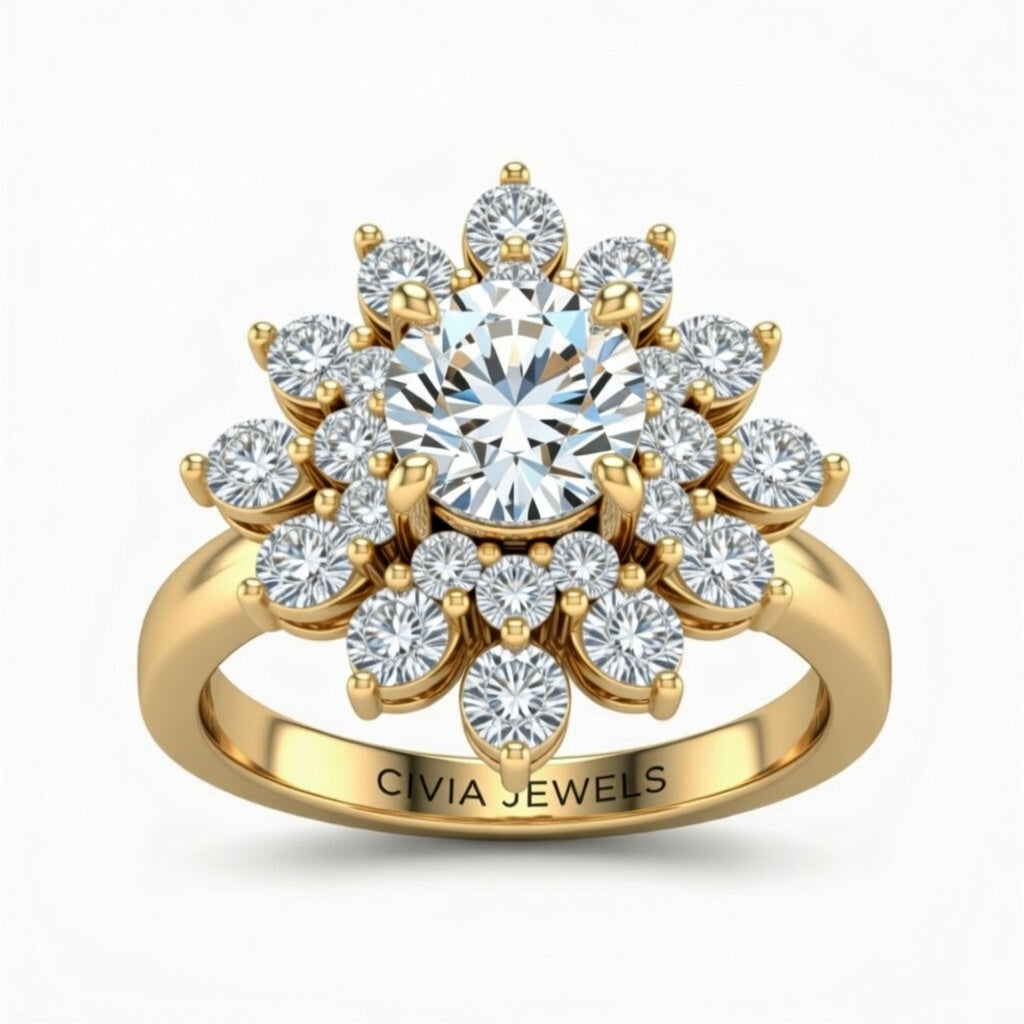 Yellow Gold Round Cut Cluster Halo Engagement Ring With Floral Diamond Frame