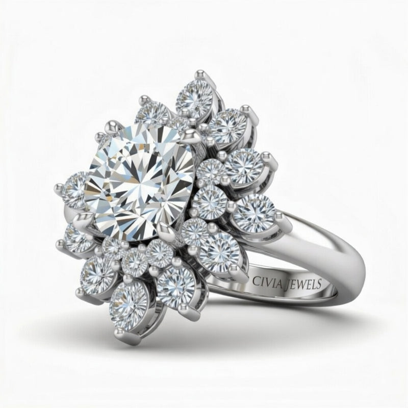 White Gold Round Cut Cluster Halo Engagement Ring With Floral Diamond Frame