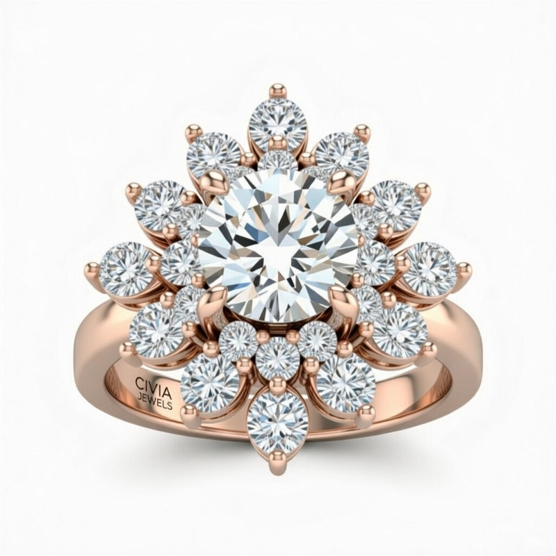 Rose Gold Round Cut Cluster Halo Engagement Ring With Floral Diamond Frame