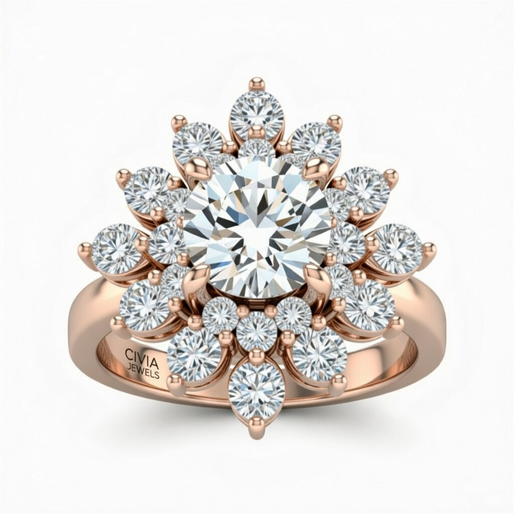 Rose Gold Round Cut Cluster Halo Engagement Ring With Floral Diamond Frame
