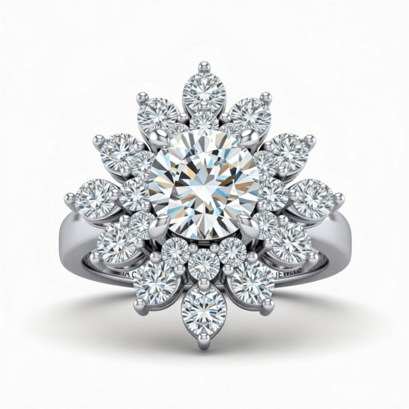 White Gold Round Cut Cluster Halo Engagement Ring With Floral Diamond Frame